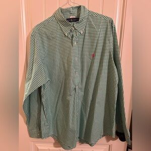 Ralph Lauren Green Gingham Button-Down Shirt with Pink Pony